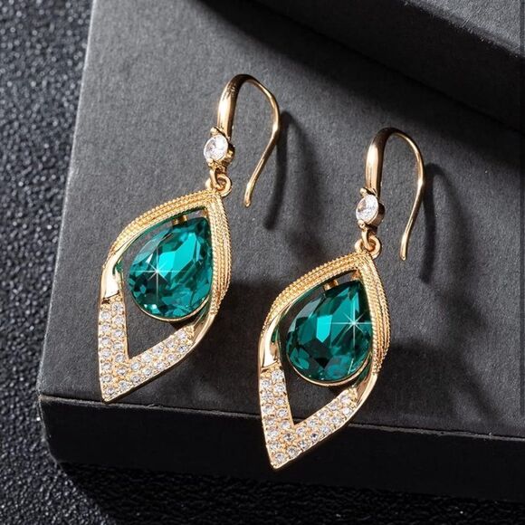 14K Yellow Gold with Emerald Green Austrian Crystal Halo Leaf Teardrop Earrings - Picture 3 of 7